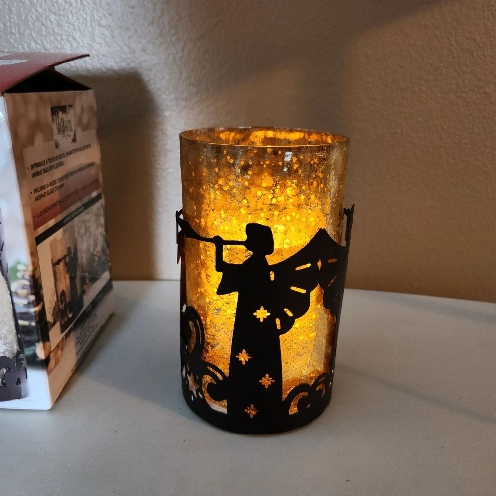 San Miguel Holiday Angel Luminaria Champagne Glass Rustic Tabletop Lighting